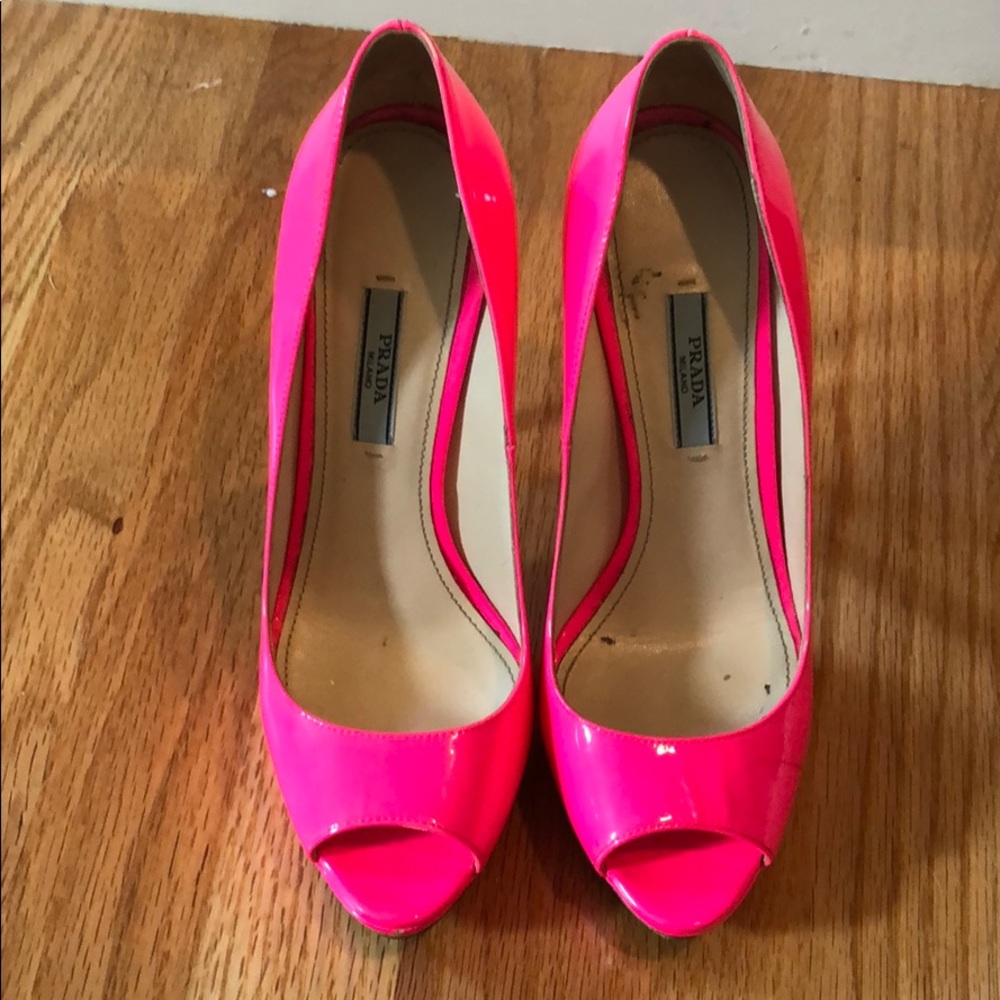 Fluorescent pink Prada platform peep toes